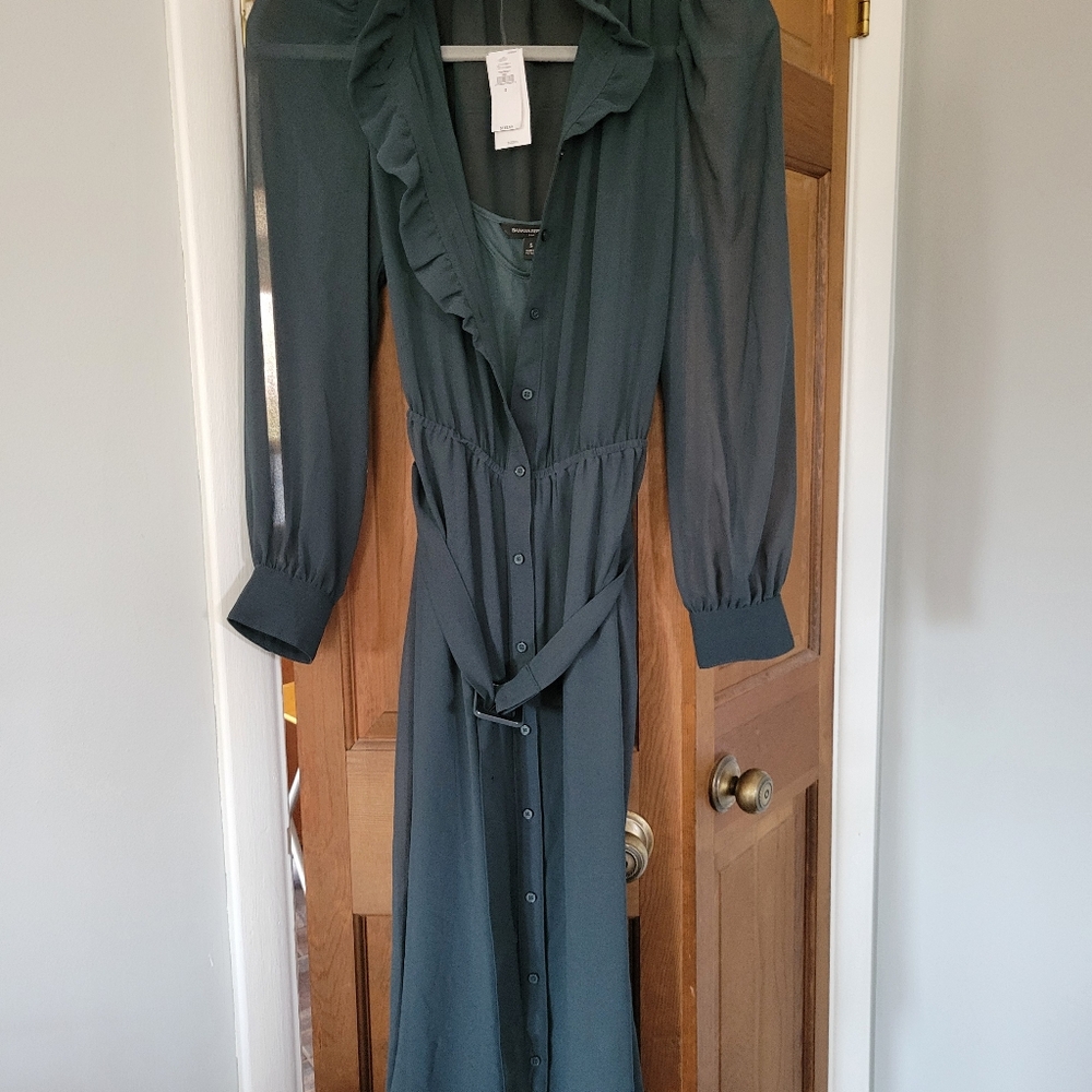 NWT Banana Republic Dark Green Belted Sheer Dress With Slip